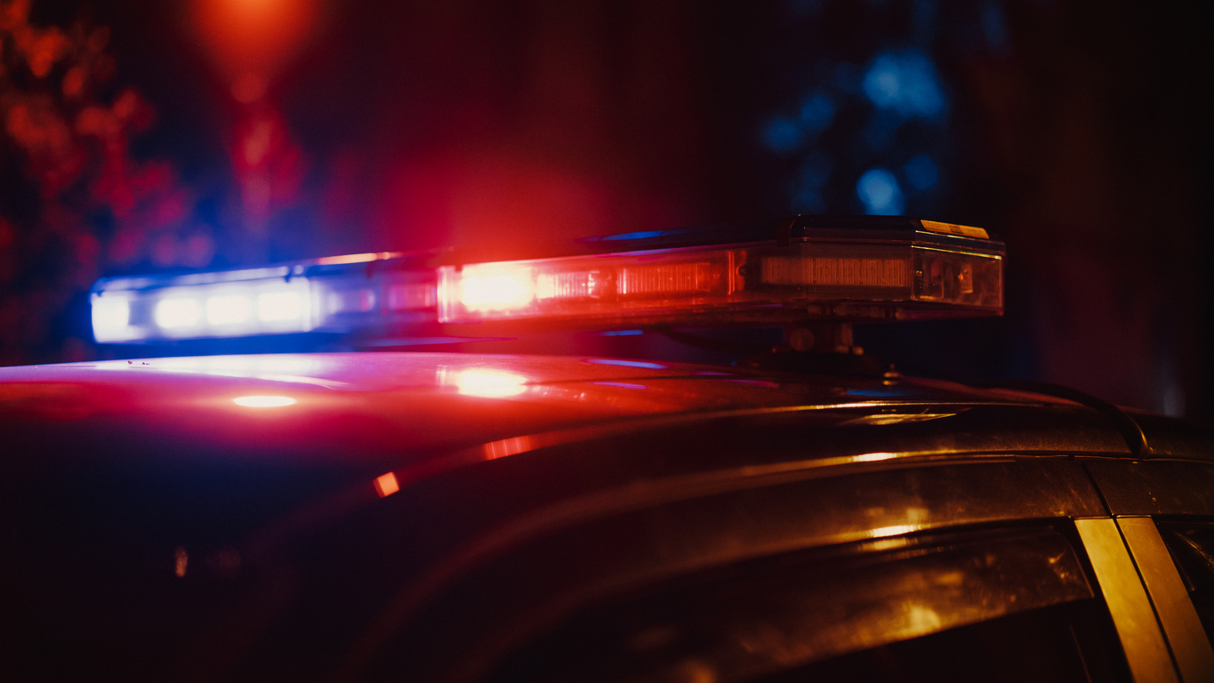 The red and blue lights of a police cruiser at night.